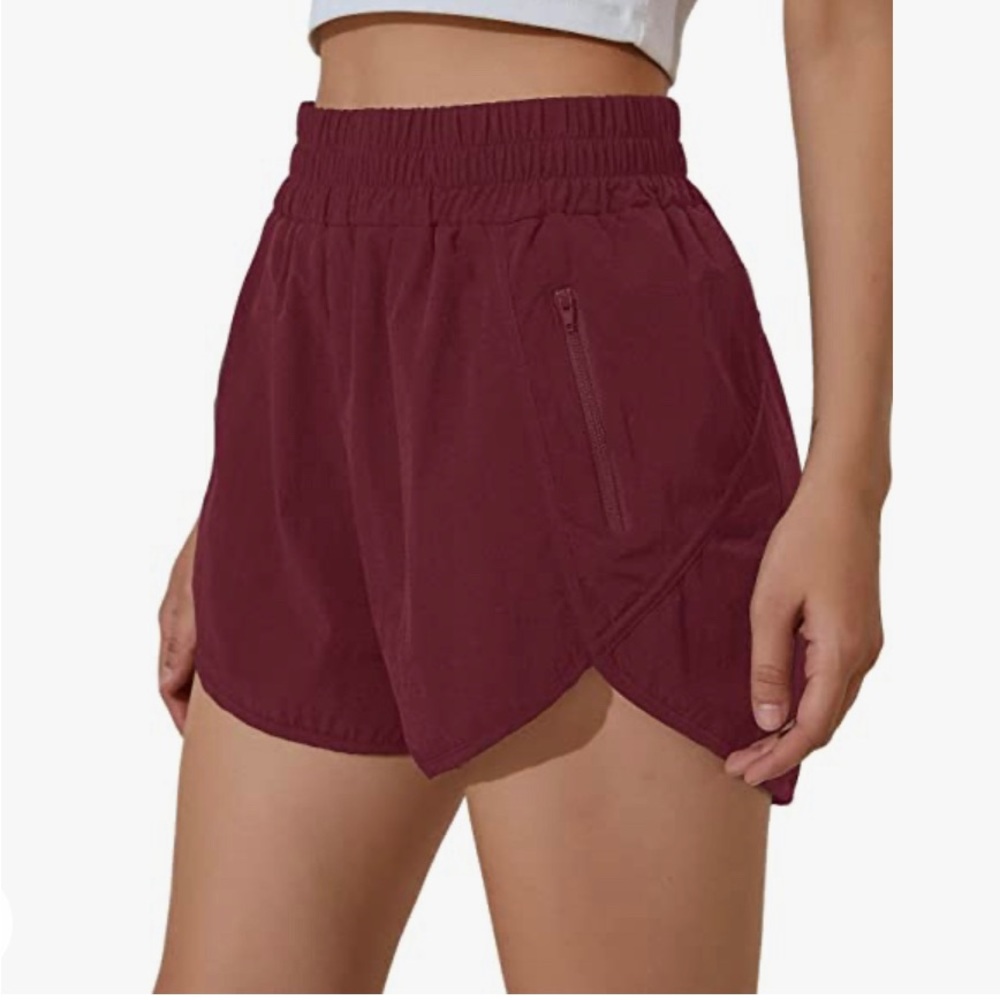 Blooming Jelly Wine Red Womens High Waisted Running Shorts with Pocket